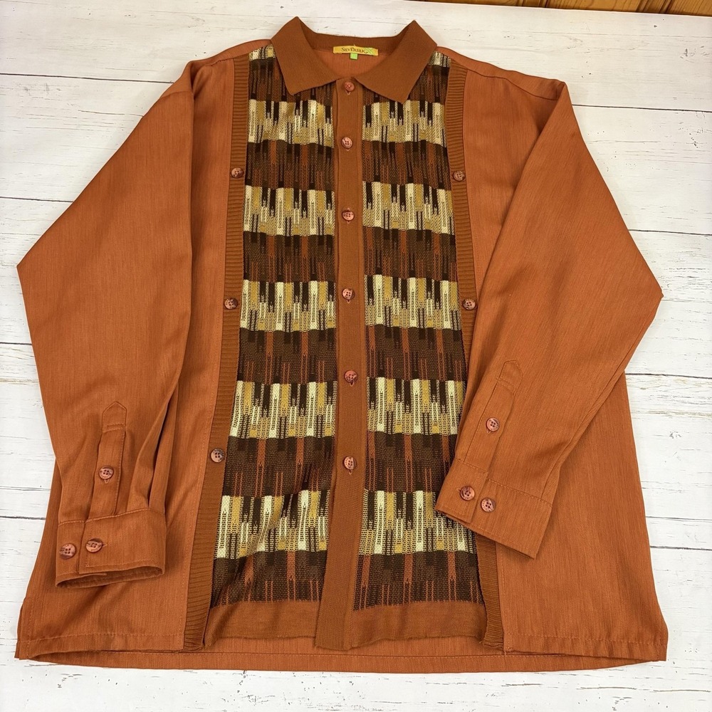 Silversilk Shirt Mens XL Geometric Orange Knit Rayon Silk Button-Up Long Sleeve